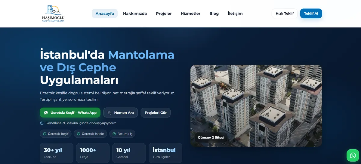 Haşimoğlu Yapı ve Mantolama web sitesi